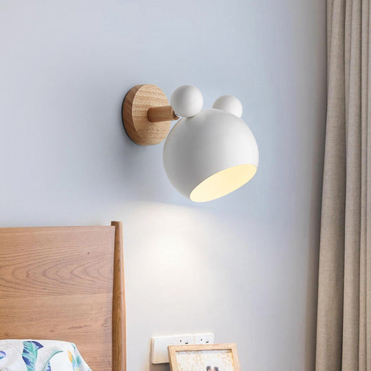 Rotating Wall Mounted Lamp: Bear/Bell Macaron Iron 1-Head Bedside Reading Wall Light in White/Pink/Green & Wood