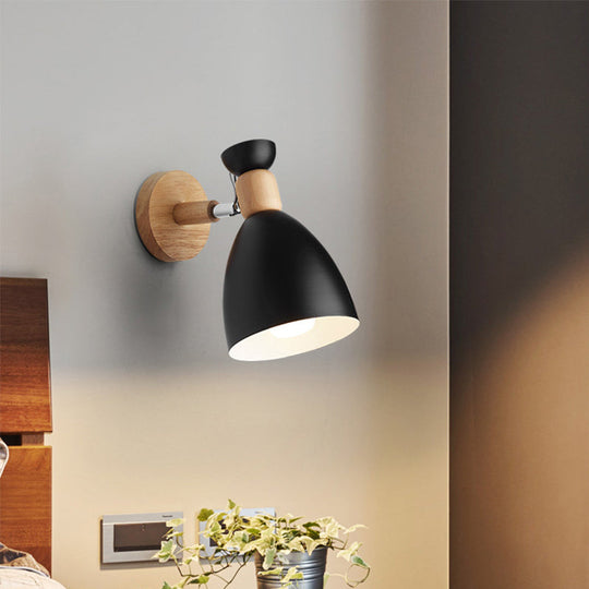 Rotating Wall Mounted Lamp: Bear/Bell Macaron Iron 1-Head Bedside Reading Wall Light in White/Pink/Green & Wood