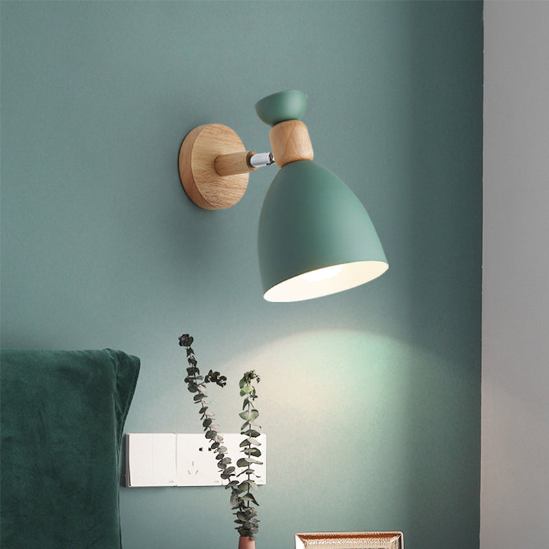 Rotating Wall Mounted Lamp: Bear/Bell Macaron Iron 1-Head Bedside Reading Wall Light in White/Pink/Green & Wood