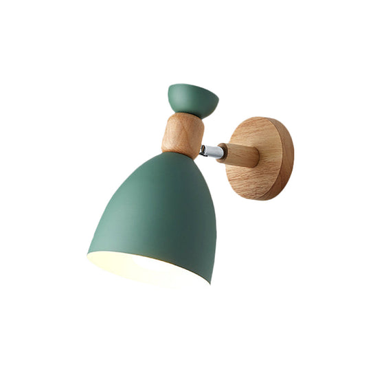 Rotating Wall Mounted Lamp: Bear/Bell Macaron Iron 1-Head Bedside Reading Wall Light in White/Pink/Green & Wood
