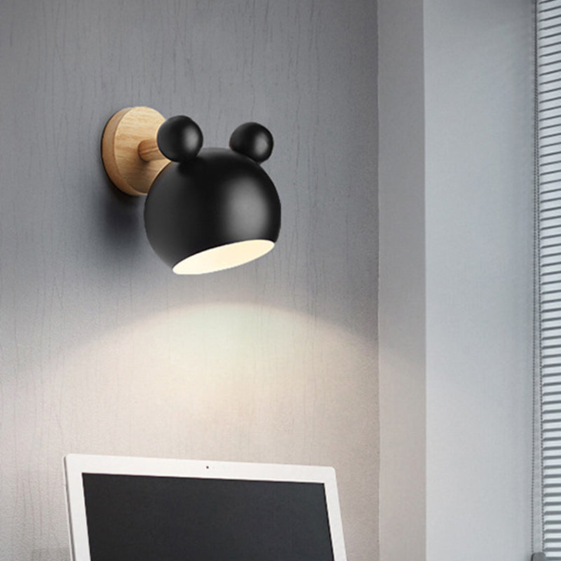 Rotating Wall Mounted Lamp: Bear/Bell Macaron Iron 1-Head Bedside Reading Wall Light in White/Pink/Green & Wood