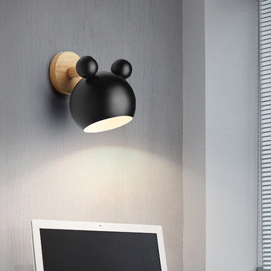 Rotating Wall Mounted Lamp: Bear/Bell Macaron Iron 1-Head Bedside Reading Wall Light in White/Pink/Green & Wood
