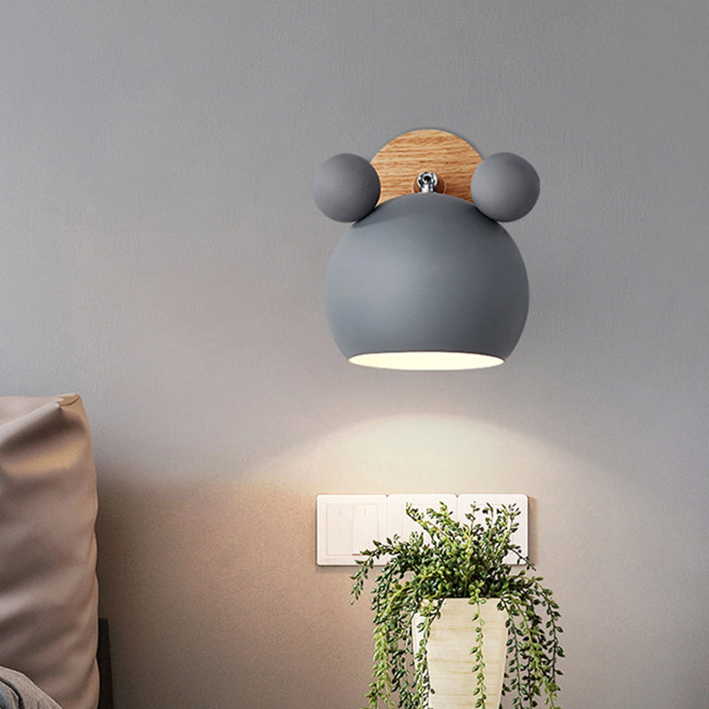 Rotating Wall Mounted Lamp: Bear/Bell Macaron Iron 1-Head Bedside Reading Wall Light in White/Pink/Green & Wood