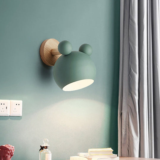 Rotating Wall Mounted Lamp: Bear/Bell Macaron Iron 1-Head Bedside Reading Wall Light in White/Pink/Green & Wood