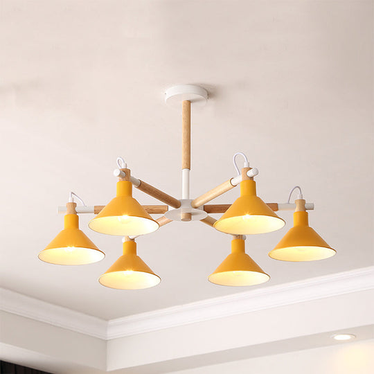 Horn Shape Hanging Pendant Chandelier with Wood and Metal Accents - 6 Bulbs - Macaroon-inspired, Ideal for Bedroom