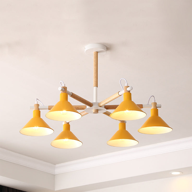 Horn Shape Hanging Pendant Chandelier with Wood and Metal Accents - 6 Bulbs - Macaroon-inspired, Ideal for Bedroom
