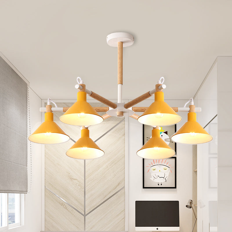Horn Shape Hanging Pendant Chandelier with Wood and Metal Accents - 6 Bulbs - Macaroon-inspired, Ideal for Bedroom