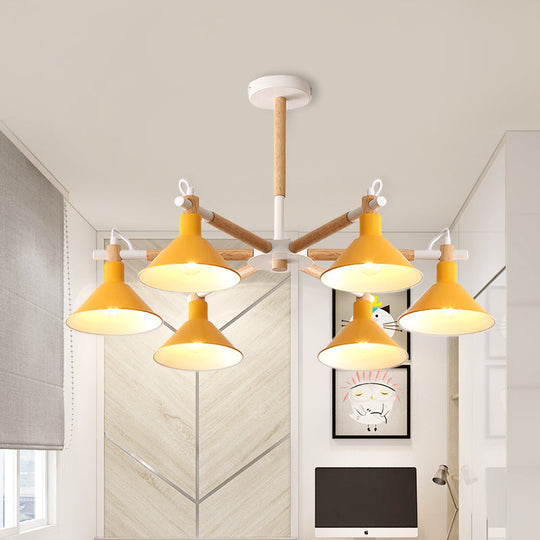 Horn Shape Hanging Pendant Chandelier with Wood and Metal Accents - 6 Bulbs - Macaroon-inspired, Ideal for Bedroom