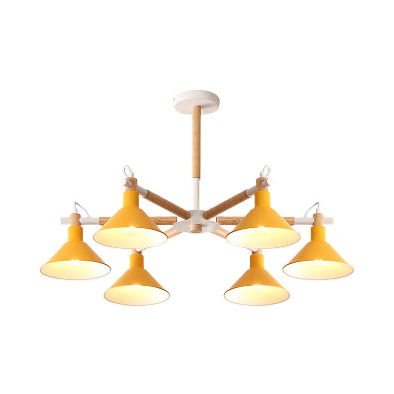 Horn Shape Hanging Pendant Chandelier with Wood and Metal Accents - 6 Bulbs - Macaroon-inspired, Ideal for Bedroom