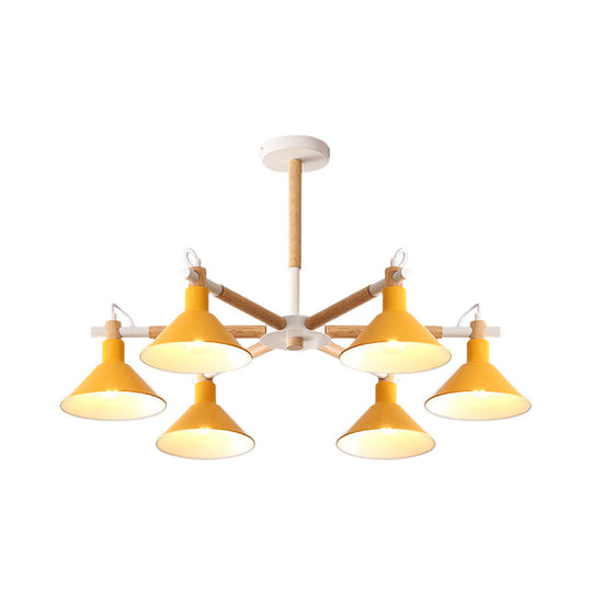Horn Shape Hanging Pendant Chandelier with Wood and Metal Accents - 6 Bulbs - Macaroon-inspired, Ideal for Bedroom
