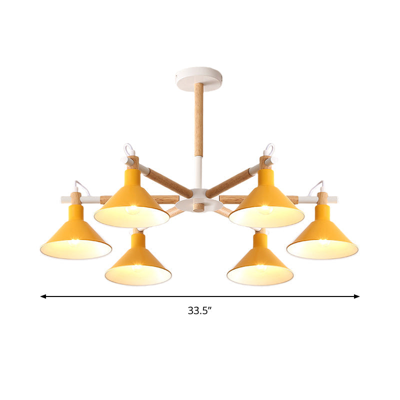 Horn Shape Hanging Pendant Chandelier with Wood and Metal Accents - 6 Bulbs - Macaroon-inspired, Ideal for Bedroom