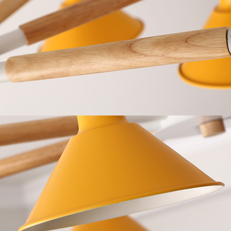 Horn Shape Hanging Pendant Chandelier with Wood and Metal Accents - 6 Bulbs - Macaroon-inspired, Ideal for Bedroom