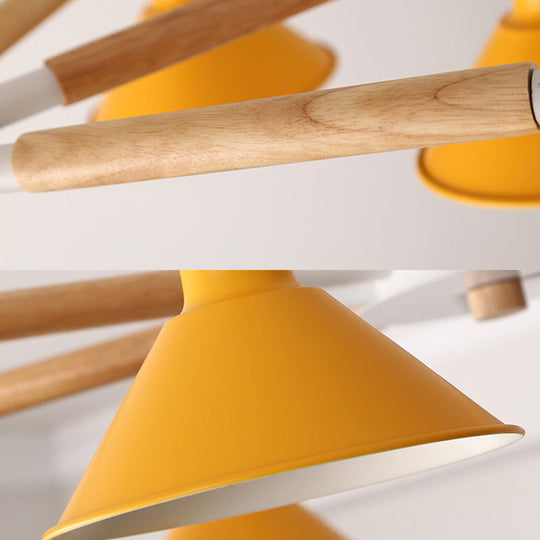 Horn Shape Hanging Pendant Chandelier with Wood and Metal Accents - 6 Bulbs - Macaroon-inspired, Ideal for Bedroom