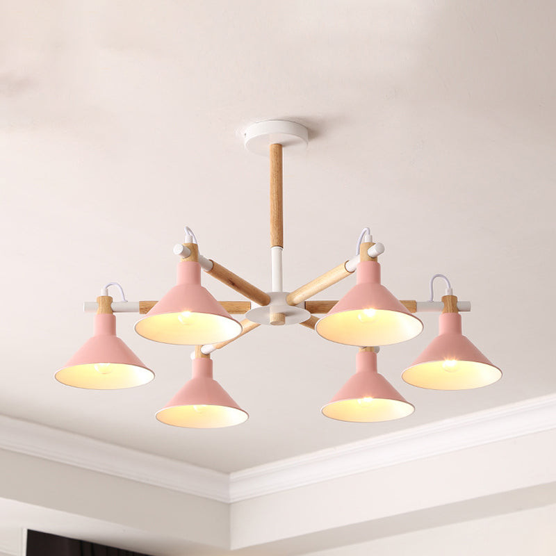 Horn Shape Hanging Pendant Chandelier with Wood and Metal Accents - 6 Bulbs - Macaroon-inspired, Ideal for Bedroom