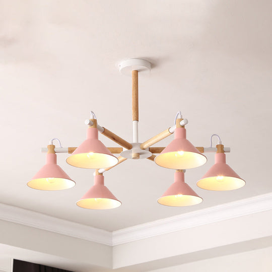Horn Shape Hanging Pendant Chandelier with Wood and Metal Accents - 6 Bulbs - Macaroon-inspired, Ideal for Bedroom