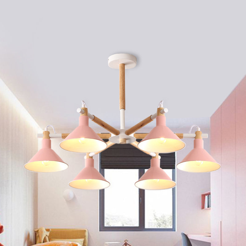 Horn Shape Hanging Pendant Chandelier with Wood and Metal Accents - 6 Bulbs - Macaroon-inspired, Ideal for Bedroom