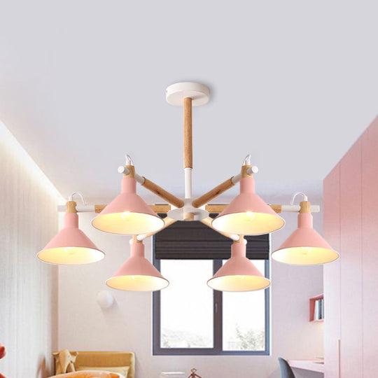 Horn Shape Hanging Pendant Chandelier with Wood and Metal Accents - 6 Bulbs - Macaroon-inspired, Ideal for Bedroom