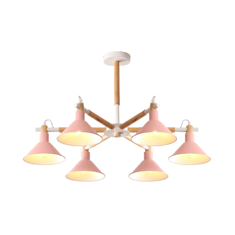 Horn Shape Hanging Pendant Chandelier with Wood and Metal Accents - 6 Bulbs - Macaroon-inspired, Ideal for Bedroom