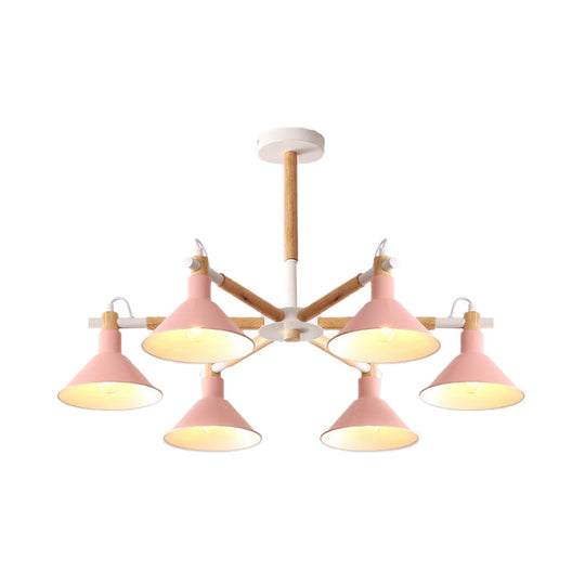 Horn Shape Hanging Pendant Chandelier with Wood and Metal Accents - 6 Bulbs - Macaroon-inspired, Ideal for Bedroom