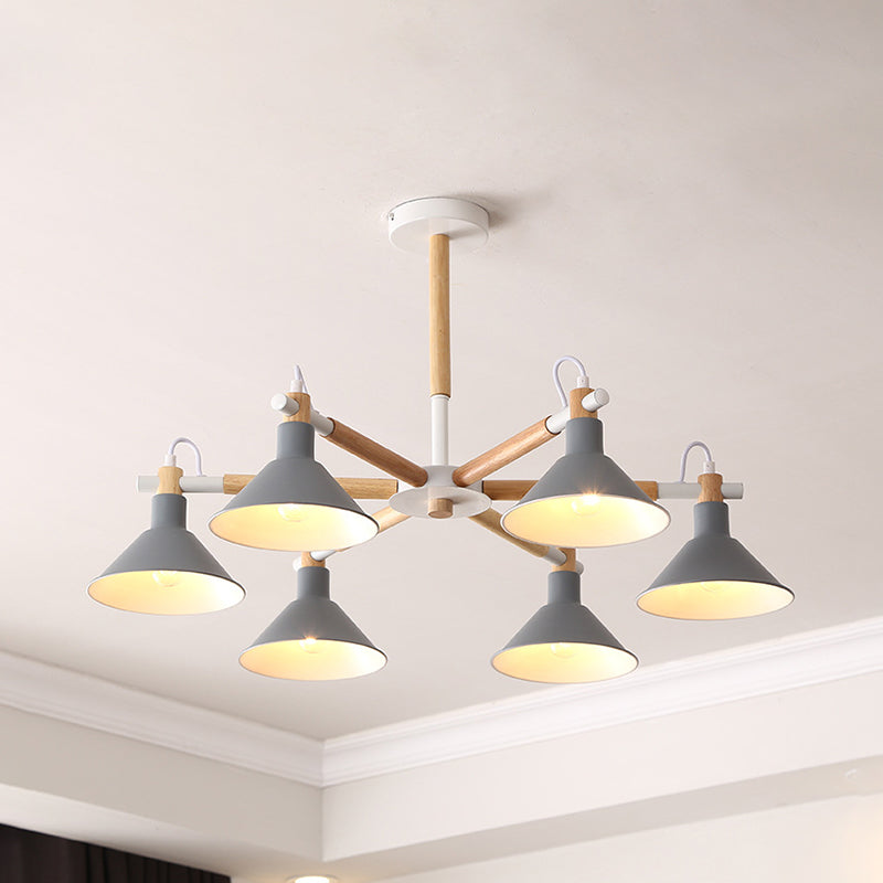 Horn Shape Hanging Pendant Chandelier with Wood and Metal Accents - 6 Bulbs - Macaroon-inspired, Ideal for Bedroom