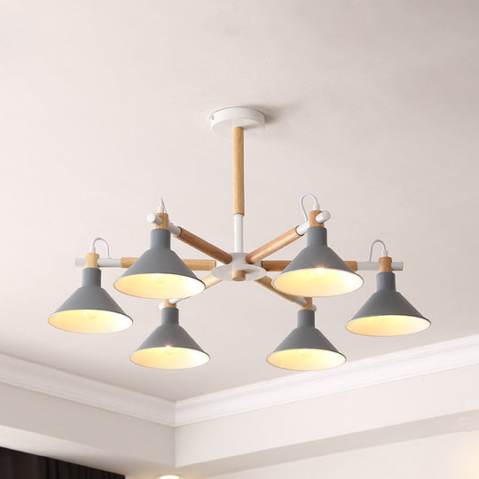 Horn Shape Hanging Pendant Chandelier with Wood and Metal Accents - 6 Bulbs - Macaroon-inspired, Ideal for Bedroom