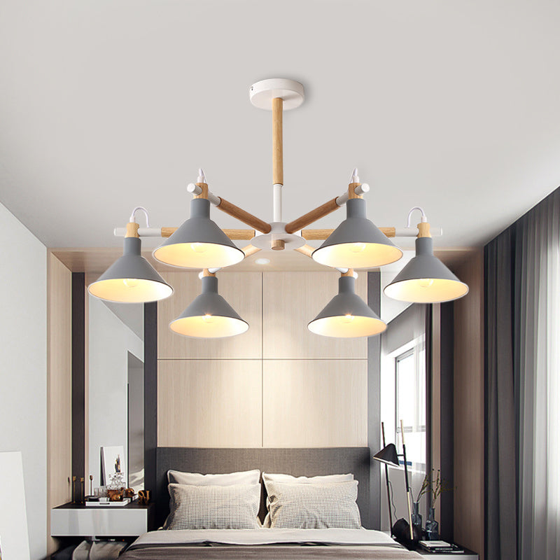 Horn Shape Hanging Pendant Chandelier with Wood and Metal Accents - 6 Bulbs - Macaroon-inspired, Ideal for Bedroom