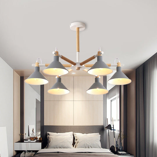 Horn Shape Hanging Pendant Chandelier with Wood and Metal Accents - 6 Bulbs - Macaroon-inspired, Ideal for Bedroom