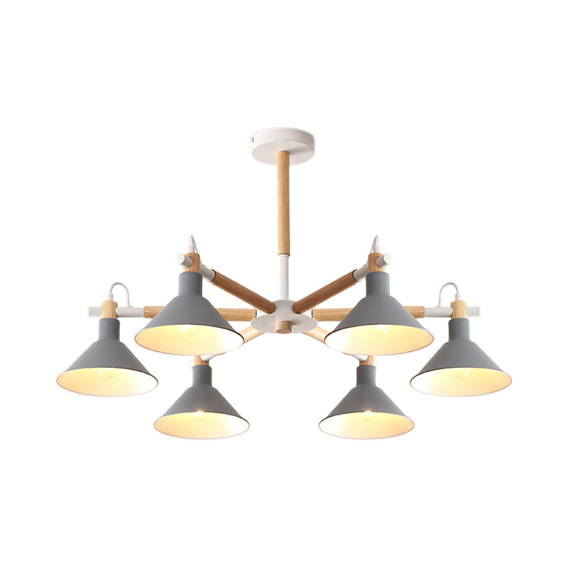 Horn Shape Hanging Pendant Chandelier with Wood and Metal Accents - 6 Bulbs - Macaroon-inspired, Ideal for Bedroom