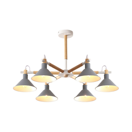 Horn Shape Hanging Pendant Chandelier with Wood and Metal Accents - 6 Bulbs - Macaroon-inspired, Ideal for Bedroom