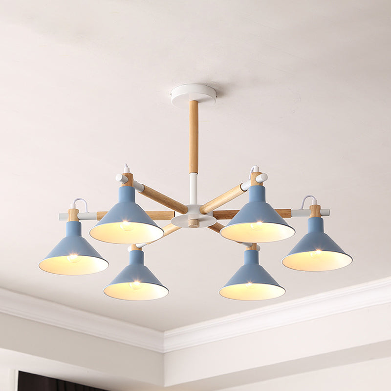 Horn Shape Hanging Pendant Chandelier with Wood and Metal Accents - 6 Bulbs - Macaroon-inspired, Ideal for Bedroom