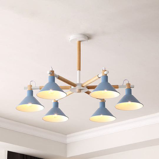 Horn Shape Hanging Pendant Chandelier with Wood and Metal Accents - 6 Bulbs - Macaroon-inspired, Ideal for Bedroom
