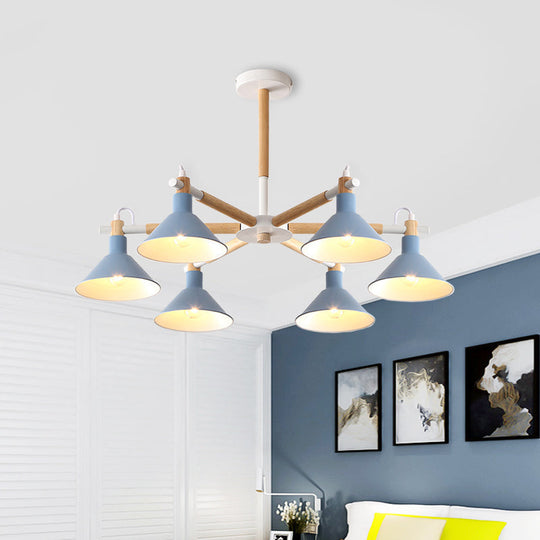 Horn Shape Hanging Pendant Chandelier with Wood and Metal Accents - 6 Bulbs - Macaroon-inspired, Ideal for Bedroom