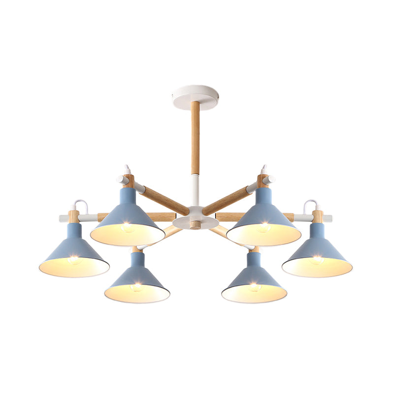 Horn Shape Hanging Pendant Chandelier with Wood and Metal Accents - 6 Bulbs - Macaroon-inspired, Ideal for Bedroom