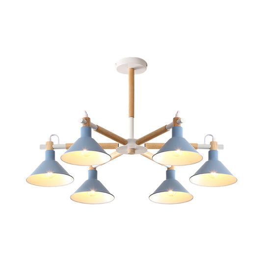 Horn Shape Hanging Pendant Chandelier with Wood and Metal Accents - 6 Bulbs - Macaroon-inspired, Ideal for Bedroom
