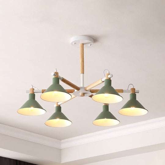Horn Shape Hanging Pendant Chandelier with Wood and Metal Accents - 6 Bulbs - Macaroon-inspired, Ideal for Bedroom