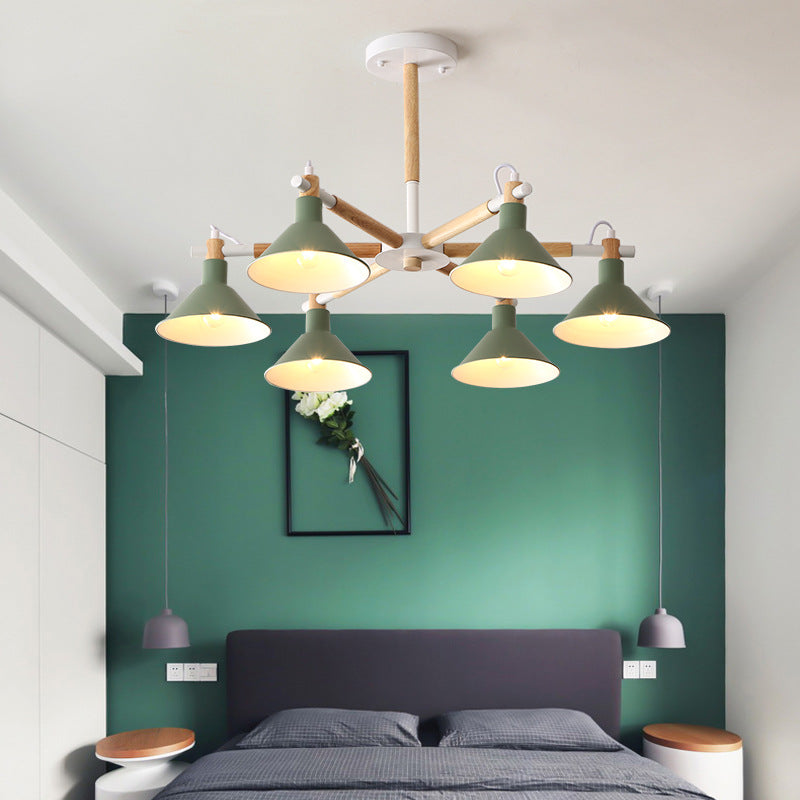 Horn Shape Hanging Pendant Chandelier with Wood and Metal Accents - 6 Bulbs - Macaroon-inspired, Ideal for Bedroom