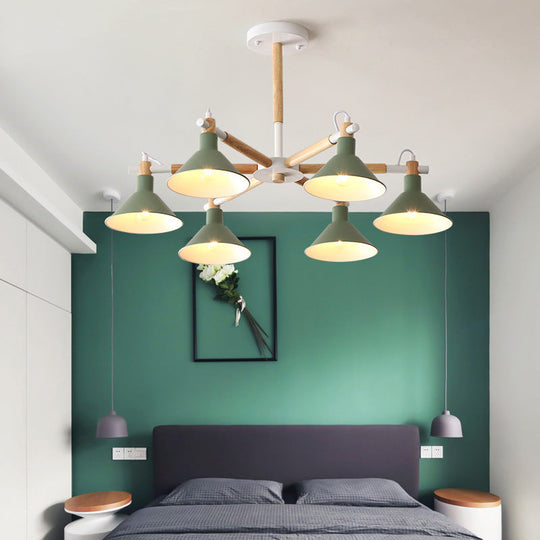Horn Shape Hanging Pendant Chandelier with Wood and Metal Accents - 6 Bulbs - Macaroon-inspired, Ideal for Bedroom