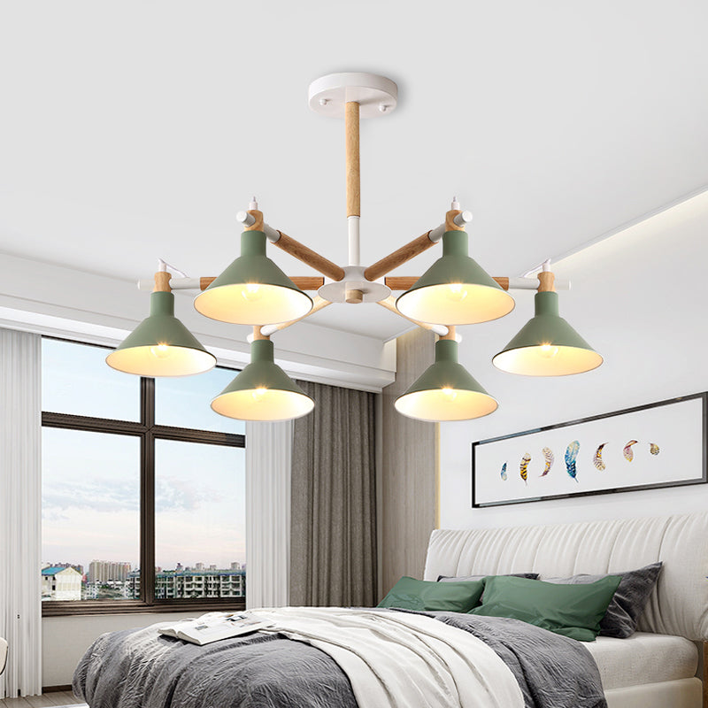 Horn Shape Hanging Pendant Chandelier with Wood and Metal Accents - 6 Bulbs - Macaroon-inspired, Ideal for Bedroom