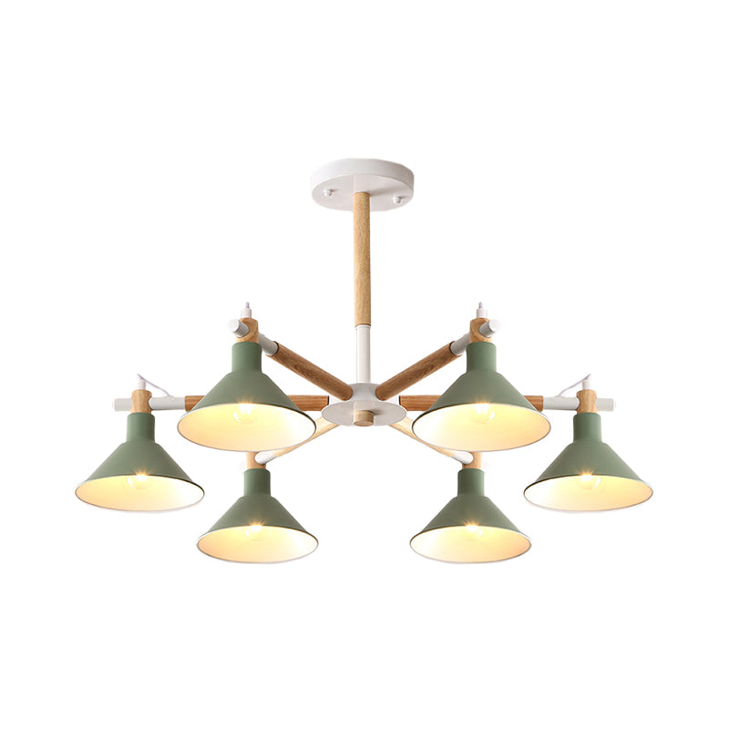 Horn Shape Hanging Pendant Chandelier with Wood and Metal Accents - 6 Bulbs - Macaroon-inspired, Ideal for Bedroom