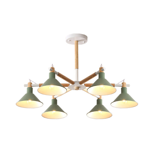 Horn Shape Hanging Pendant Chandelier with Wood and Metal Accents - 6 Bulbs - Macaroon-inspired, Ideal for Bedroom