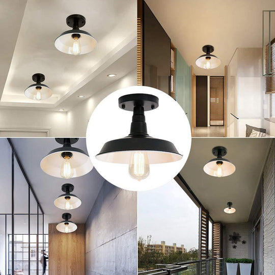 Industrial Barn Shaped Semi Flush Ceiling Light in Black for Kitchen