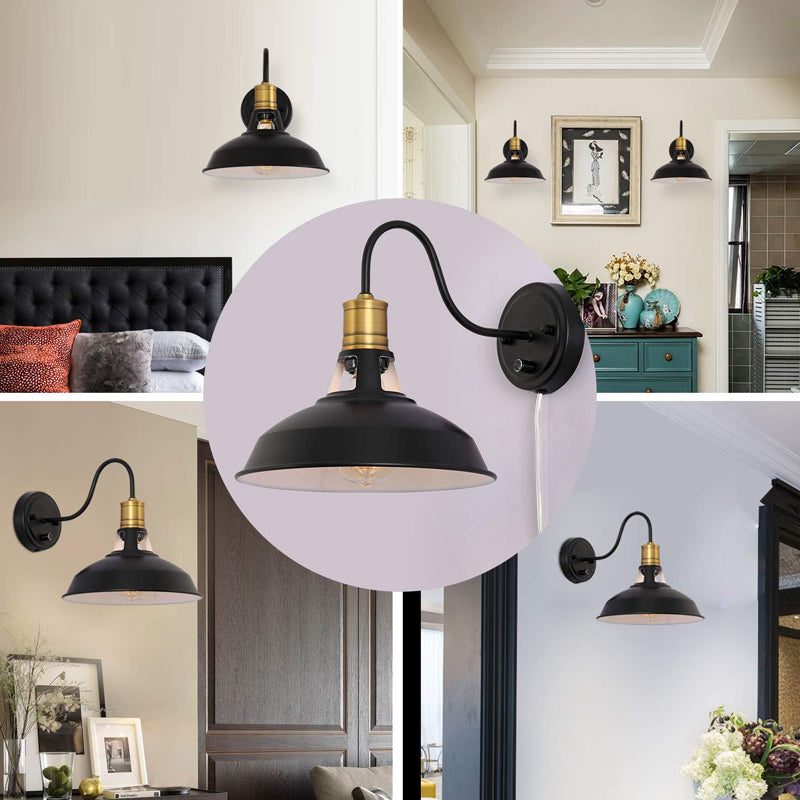 Farmhouse Black Barn Kitchen Wall Mounted Light Fixture - Single Plug-in Metal Wall Lamp with Vented Socket