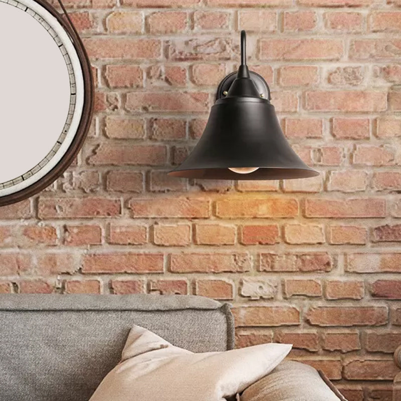 Farmhouse Black Iron Gooseneck Wall Lamp with Bell Shade and Single Bulb