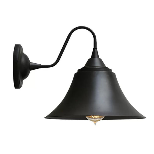 Farmhouse Black Iron Gooseneck Wall Lamp with Bell Shade and Single Bulb