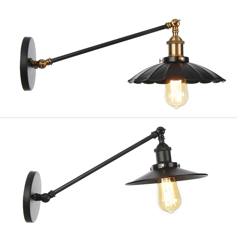 Rustic Iron Swing Arm Kitchen Wall Lamp - Horn/Flared/Scalloped Design - Single-Bulb - Black Finish