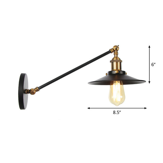 Rustic Iron Swing Arm Kitchen Wall Lamp - Horn/Flared/Scalloped Design - Single-Bulb - Black Finish