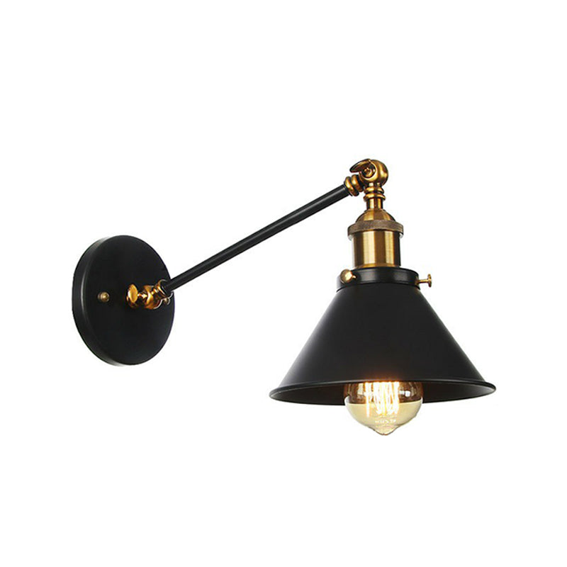 Rustic Iron Swing Arm Kitchen Wall Lamp - Horn/Flared/Scalloped Design - Single-Bulb - Black Finish