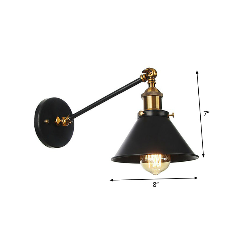 Rustic Iron Swing Arm Kitchen Wall Lamp - Horn/Flared/Scalloped Design - Single-Bulb - Black Finish