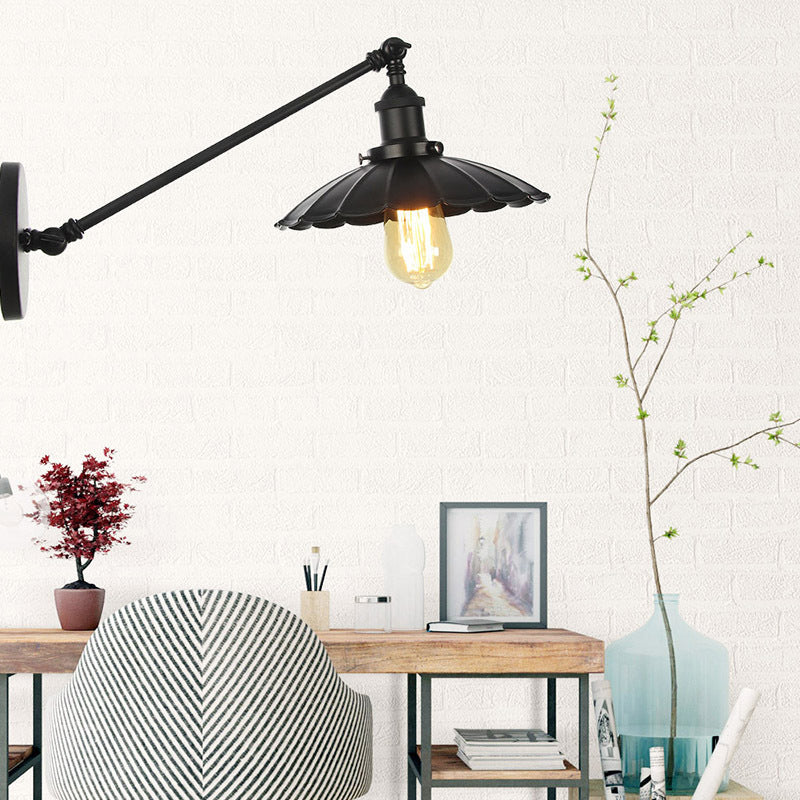 Rustic Iron Swing Arm Kitchen Wall Lamp - Horn/Flared/Scalloped Design - Single-Bulb - Black Finish