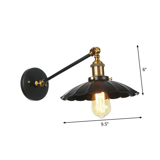 Rustic Iron Swing Arm Kitchen Wall Lamp - Horn/Flared/Scalloped Design - Single-Bulb - Black Finish